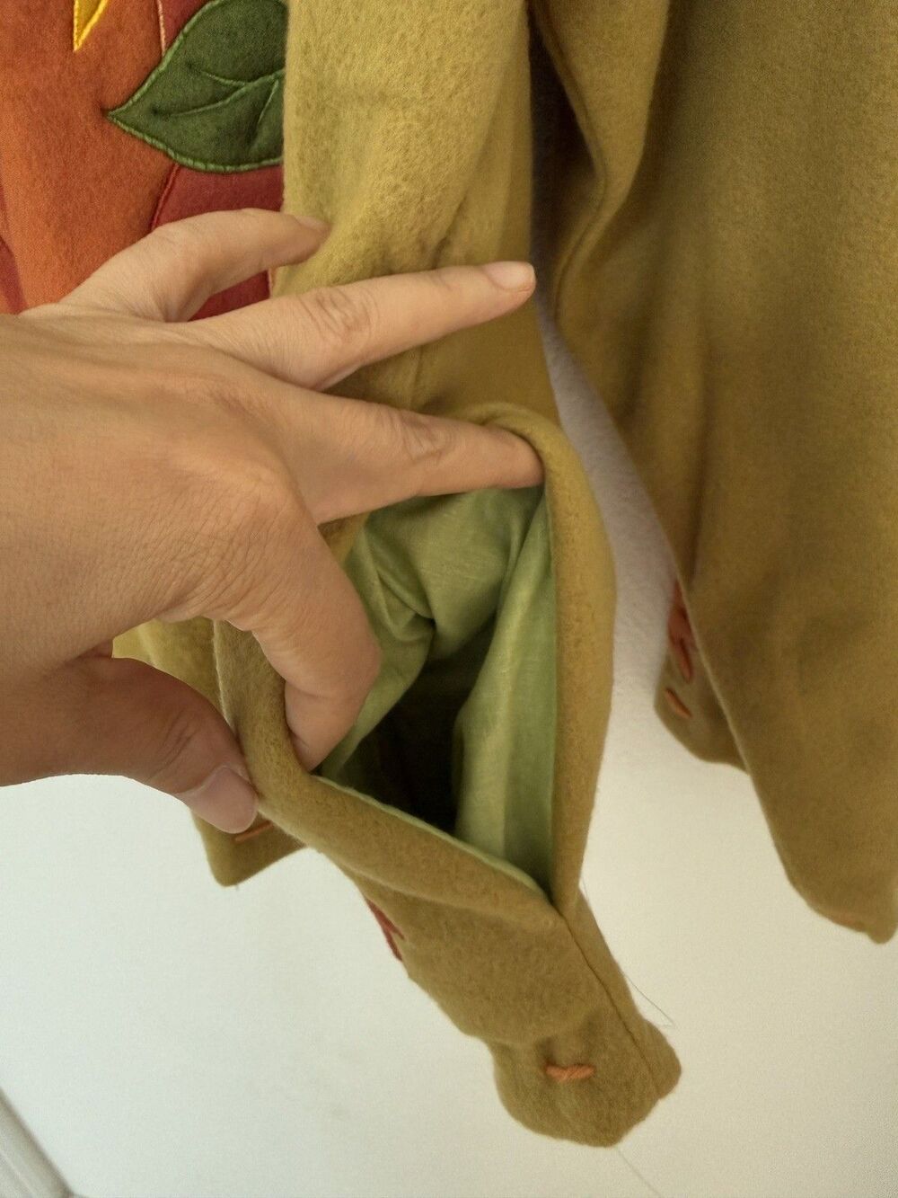 VTG 90s Y2K Autumn Pumpkin Leaf Applique Fleece Jacket Mustard Cardigan L Lined - Picture 12 of 16